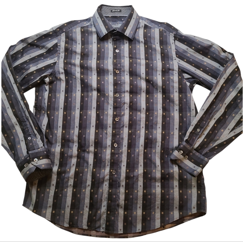 Bugatchi Uomo Shirt Mens Medium Classic Fit Long Sleeve 100% Cotton Blue Stripe